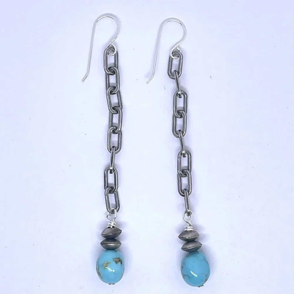 Long Navajo Turquoise Earrings 3.25in Sterling 925 Dangle Navajo Matte Chain - Picture 5 of 9